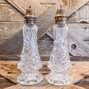 Vintage Crystal Legends Tall Salt & Pepper Set w/ Silver Plated Tops by Godinger